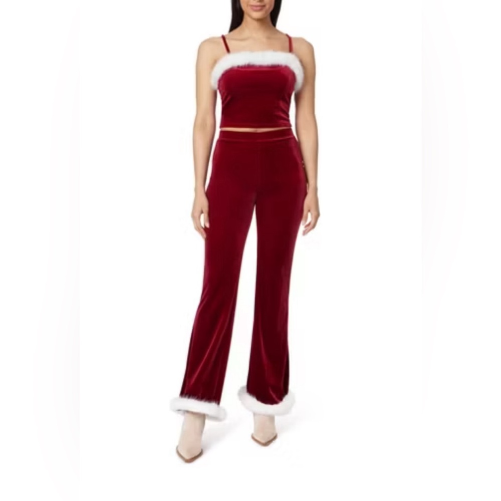 WallFlower Christmas Fur Trimmed Luxe Velour Cropped Cami and Flare Pant Set